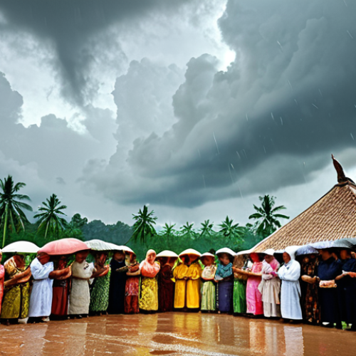 Home 4 **
A vibrant scene depicting a traditional Malay ritual for rain, with villagers participating in a ceremony, offering prayers and gifts, under a cloudy sky. Show a mix of hope and concern on their faces.
**