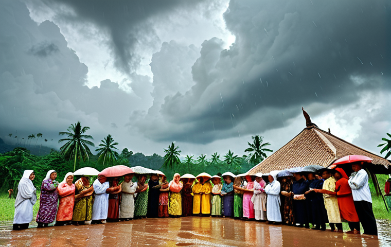 **
A vibrant scene depicting a traditional Malay ritual for rain, with villagers participating in a ceremony, offering prayers and gifts, under a cloudy sky. Show a mix of hope and concern on their faces.
**